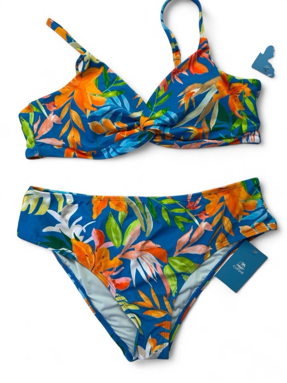 NWT CUPSHE BIKINI TROPICAL PRINT - SIZE XL - twist front - blue orange floral